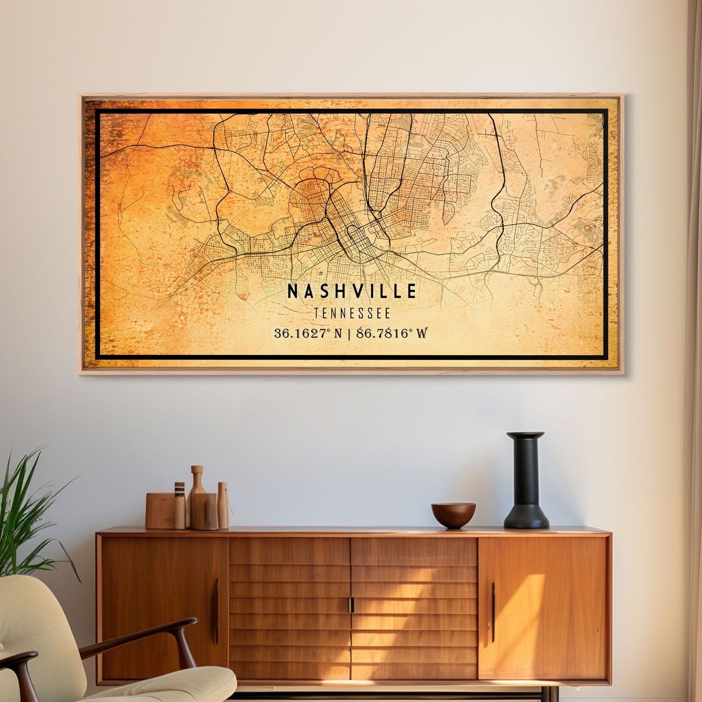Nashville Map Print, Framed Canvas Wall Art, Tennessee Street Map Art, Davidson City Street Road Map Wall Decor