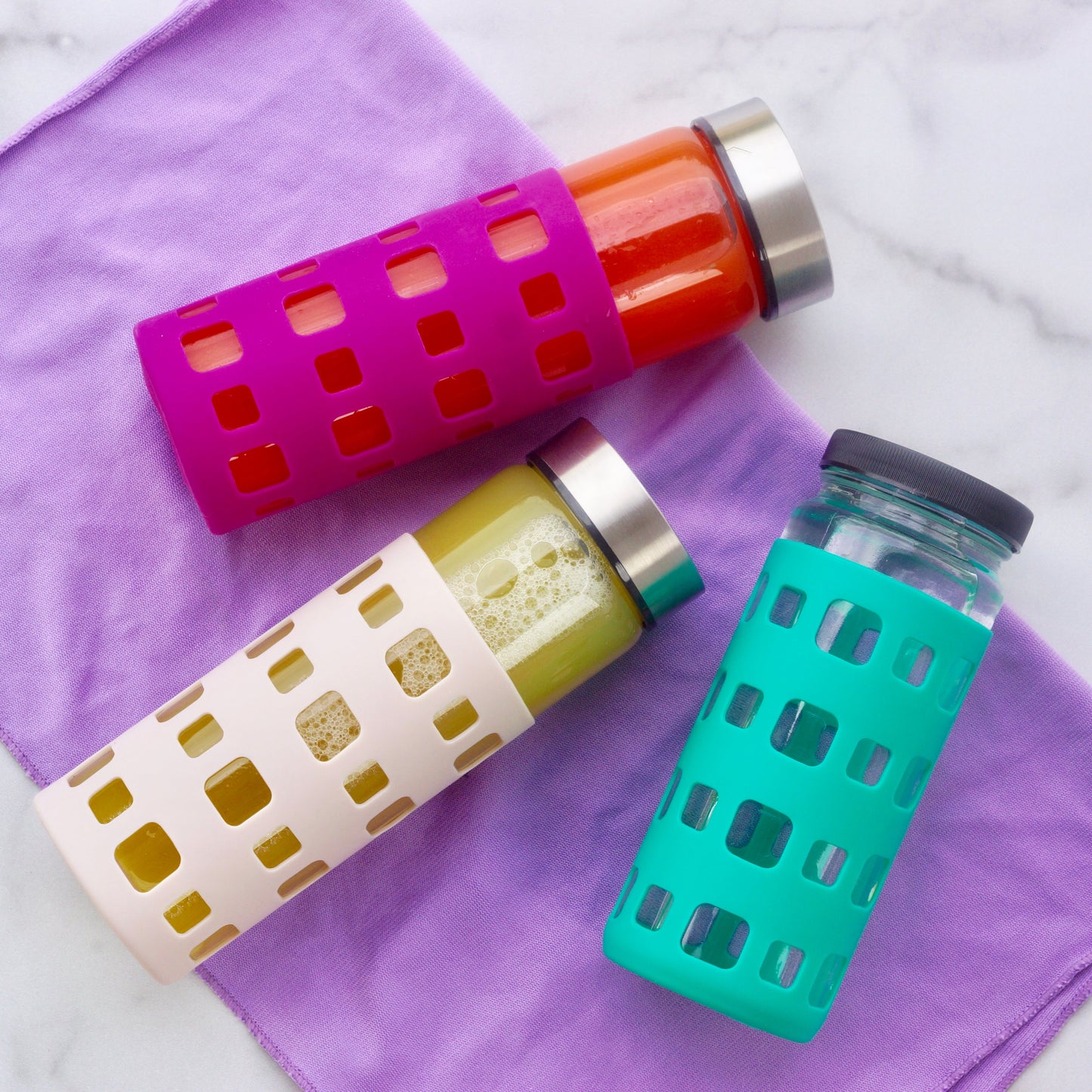 Skinny Series Wide Mouth Glass Bottles Set w/ Stainless Steel Lids, 16 oz