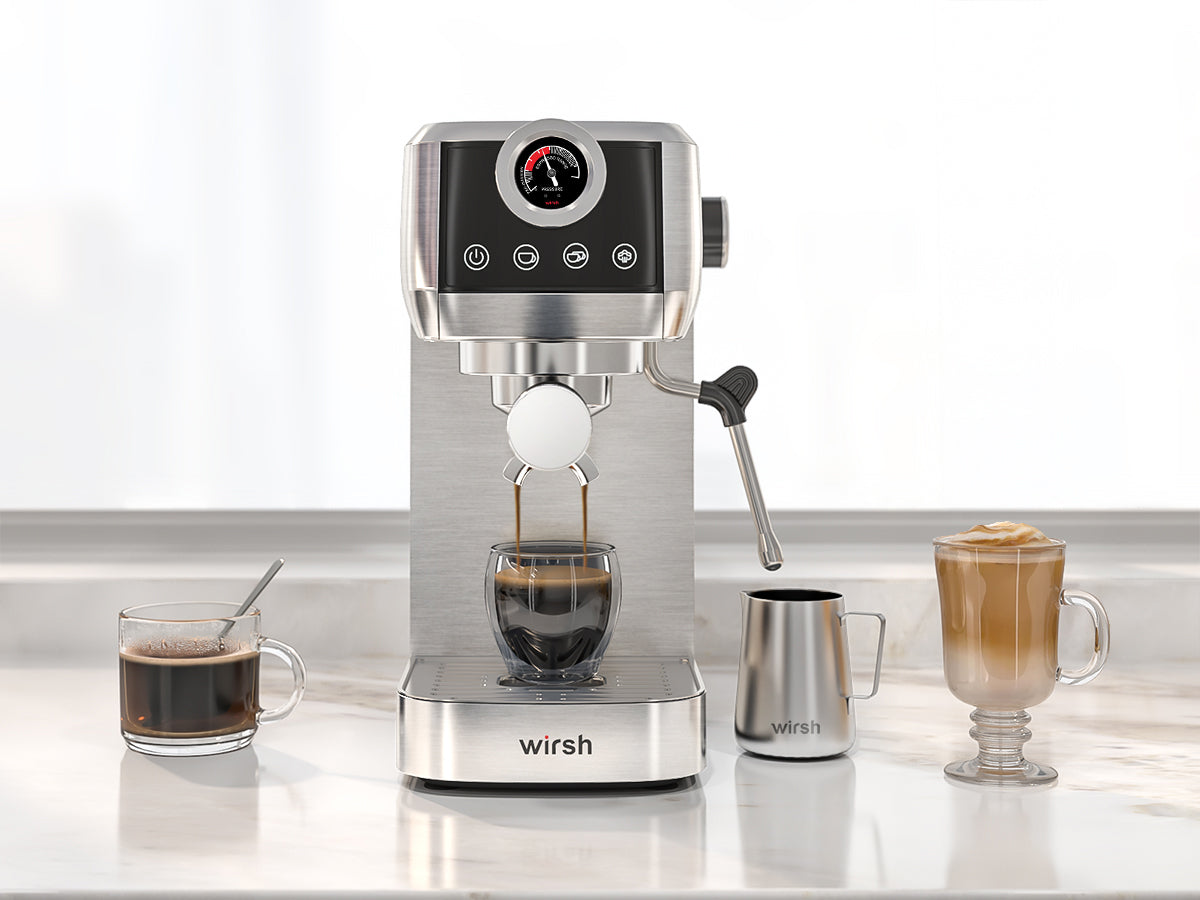 Wirsh 20 Bar Espresso Machine with Plastic Free Portafitler and Steamer, Pressure Gauge, Touch Screen, Full Stainless Steel (Home Barista Plus)